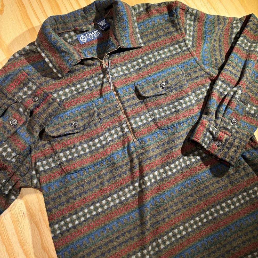 Chaps Men's Large Fleece Quarter Zip Pullover Fair Isle Geometric Green Blue